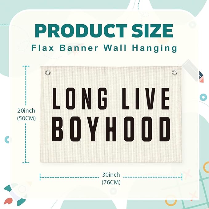 Lacama Long Live Boyhood Banner, Neutral Canvas Wall Hanging Banner Flag for Nursery Playroom, Toddler Room, Boys Kids Room Decor 30x20 Inch