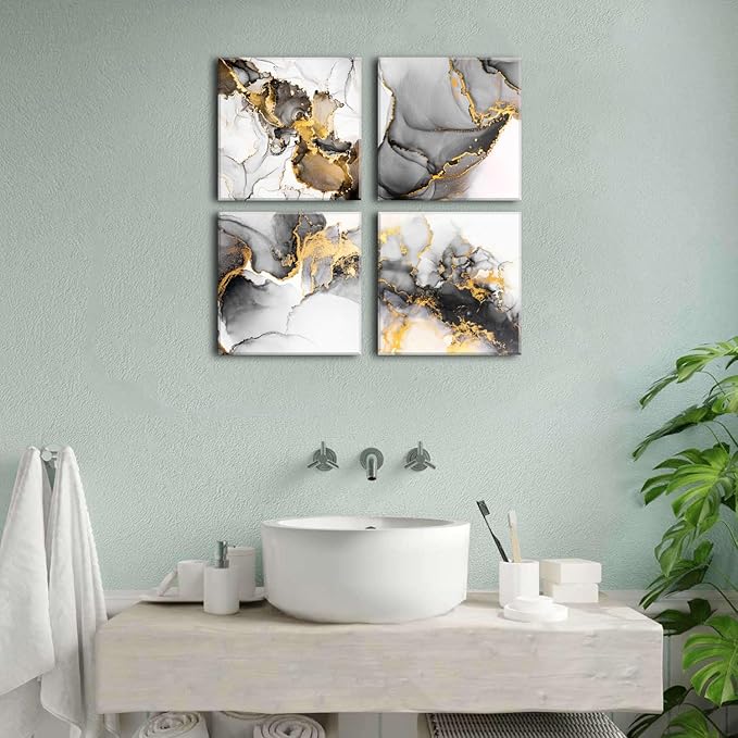 Framed Modern Abstract Black and Gold Canvas Wall Art Fluid Lines Marble Pictures Posters White Grey Minimalist Texture Painting for Living Room Bathroom Bedroom Office Home Decorations 16x16” 4 Pcs