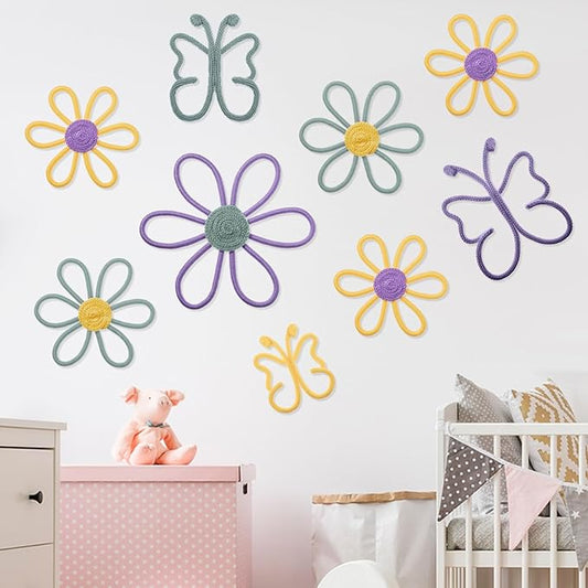 Wesiti 9 Pcs Boho Nursery Decor 3 Size Daisy Flower and Butterflies Woven Macrame Wall Hanging for Home Nursery Bedroom Dorm Wall Art(Modern Color)