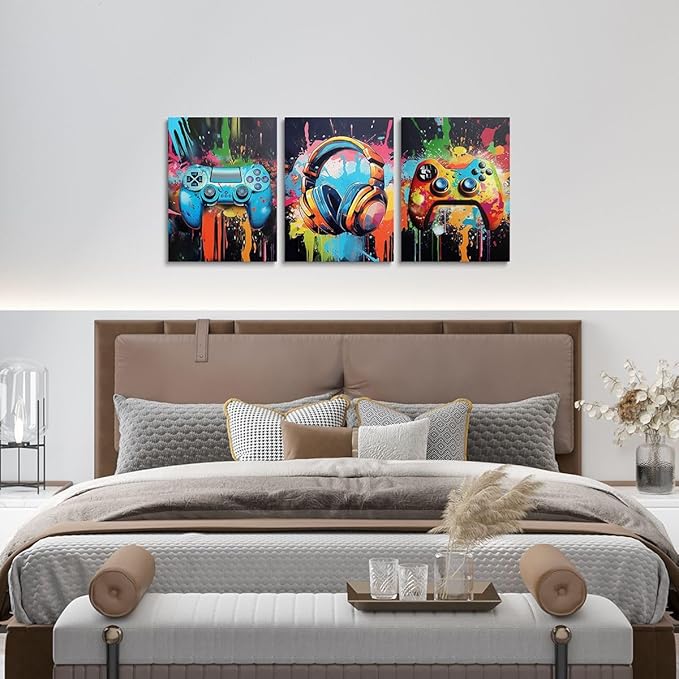 Feelyou Gamer Canvas Wall Art for Bedroom for Boys Girls Game Controller Office Wall Artwork Posters Gaming Bathroom Wall Art for Home Decor 12" x 16" 3 Piece Game Controller Wall Painting