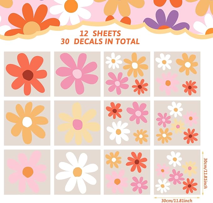 TaoBary 12 Sheet Daisy Wall Sticker Decal Removable Cute Daisy Bedroom Room Decor Flower Wall Sticker Pink White Flower Decal Wallpaper Peel and Stick for Nursery Home(Orange,Lovely Style)