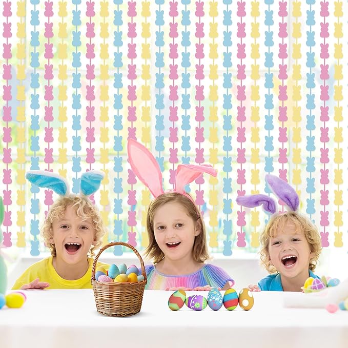 Easter Decorations Foil Fringe Curtains: 2 Pack 3.3 X 6.6 ft Pink Yellow Blue Bunny Rabbit Tinsel Backdrop Photo Booth Prop Streamers for Wedding Anniversary Birthday Easter Party Decor