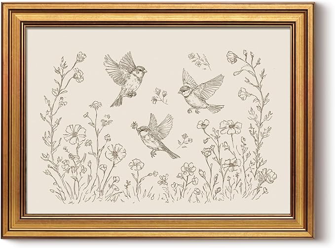 InSimSea Gold Framed Canvas Prints Wall Art, Vintage Nursery Decor, Birds in the Flowers Animal Line Paintings Wall Decor Aesthetic, Neutral Pictures for Bedroom Living Room Shelf, 12x16inch
