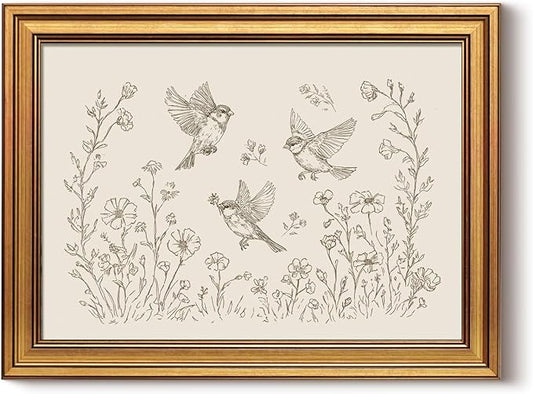 InSimSea Gold Framed Canvas Prints Wall Art, Vintage Nursery Decor, Birds in the Flowers Animal Line Paintings Wall Decor Aesthetic, Neutral Pictures for Bedroom Living Room Shelf, 12x16inch