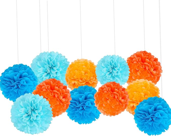 We Moment Paper Pom Poms - Orange & Blue Light Decorations for Wedding, Birthday & Party - 12pcs, 4 Colors, 12 & 10 Inch