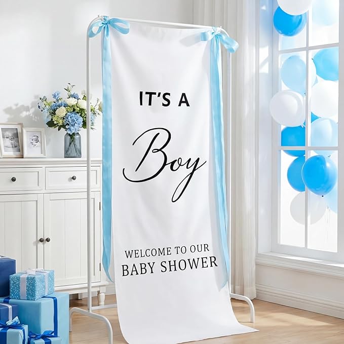 Oudain 24x60 Inch It's a Boy Burlap Banner, Baby Shower Fabric Backdrop with Pink Ribbons and Hooks, Rustic Boho Photo Props Sign for Gender Reveal Party Wall Hanging Indoor Outdoor Decoration