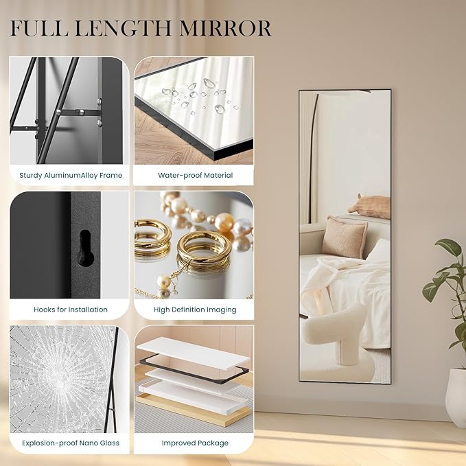 DUMOS Full Length Mirror with Stand Floor Standing Aluminum Frame for Bedroom Body Hanging Leaning Modern Simple Home Decor Shatter-Proorf Nano Glass Wall Living Room Cloakroom Black 59"x16"