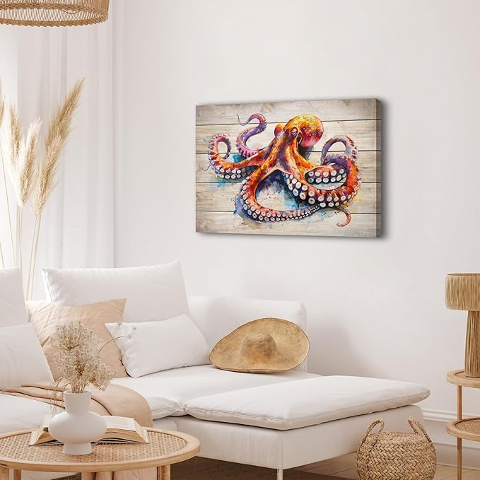 Octopus Wall Art Ocean Creature Wall Decor Modern Gallery Artwork Navy Underwater Marine Animal Canvas Prints Sea Life Paintings Framed for Kitchen Bedroom Living Room Home Decorations 24x36"