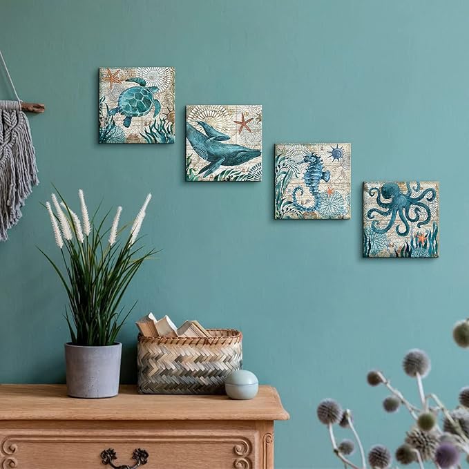 Coastal Beach Wall Art for Living Room Sea Turtle Pictures Bathroom Wall Decor Teal Blue Nautical Themed Seahorse Canvas Painting Ocean Animal Whale Posters Bedroom Kitche Home Decoration 8x8" 4