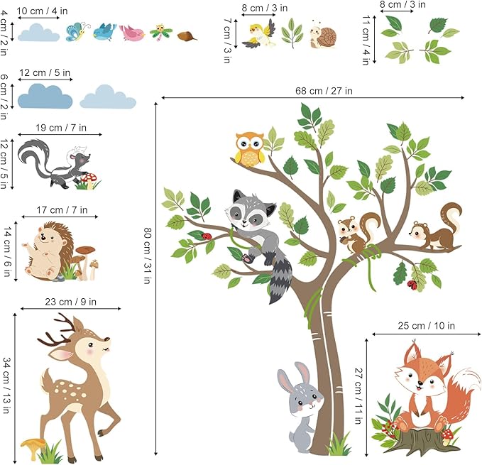 decalmile Woodland Animals Tree Wall Decals Forest Animals Deer Fox Rabbit Racoon Wall Stickers Living Room Baby Nursery Kids Room Wall Decor