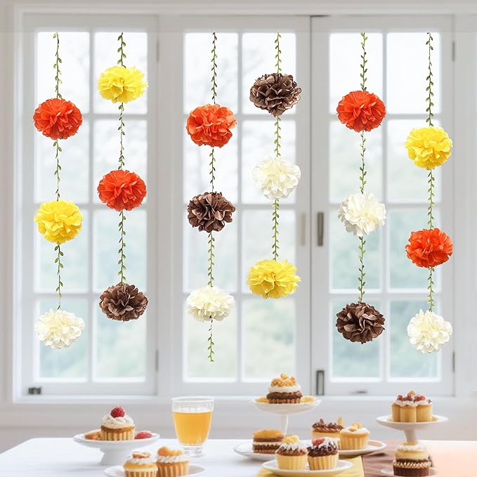 Fall Party Decorations Orange Yellow Brown Beige Tissue Paper Flowers Pom Pom Leaf Ribbon Hanging Garland Streamer for Thanksgiving Harvest Birthday Bachelorette Baby Shower Wedding Party Supplies