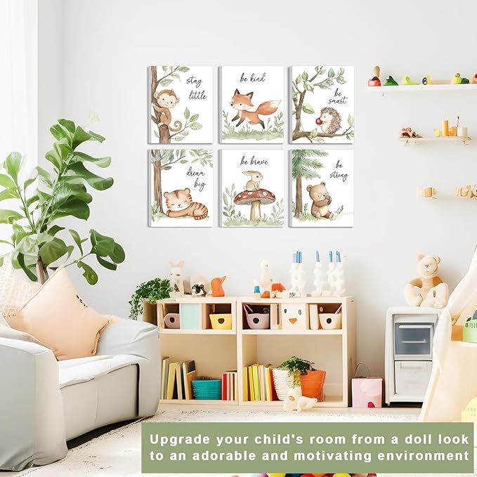 Framed Woodland Nursery Wall Art, Forest Animal Pictures Nursery Wall Decor, Safari Theme Wall Decor for Baby Kids Boy Girl Room (Framed, 8x10inch, Set of 6)