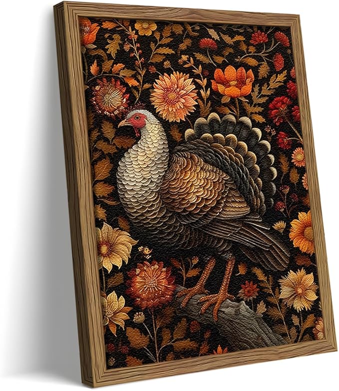 Framed Vintage Turkey 3D Textures Wall Art – Fall Floral Thanksgiving Wall Decor, Rustic Autumn Harvest Bird Artwork Painting for Living Room Kitchen Dining Room – 12x16in