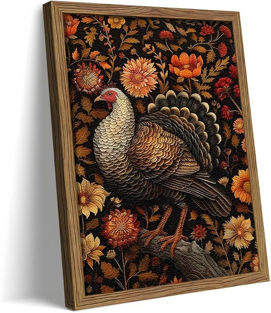 Framed Vintage Turkey 3D Textures Wall Art – Fall Floral Thanksgiving Wall Decor, Rustic Autumn Harvest Bird Artwork Painting for Living Room Kitchen Dining Room – 12x16in