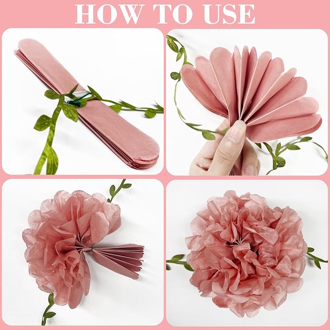 Dusty Pink Party Decorations Rose Gold Dusty Pink Beige Tissue Paper Flowers Pom Pom with Leaf Ribbon Hanging Garland Streamer for Birthday Baby Shower Wedding Bridal Shower Engagement Party Supplies