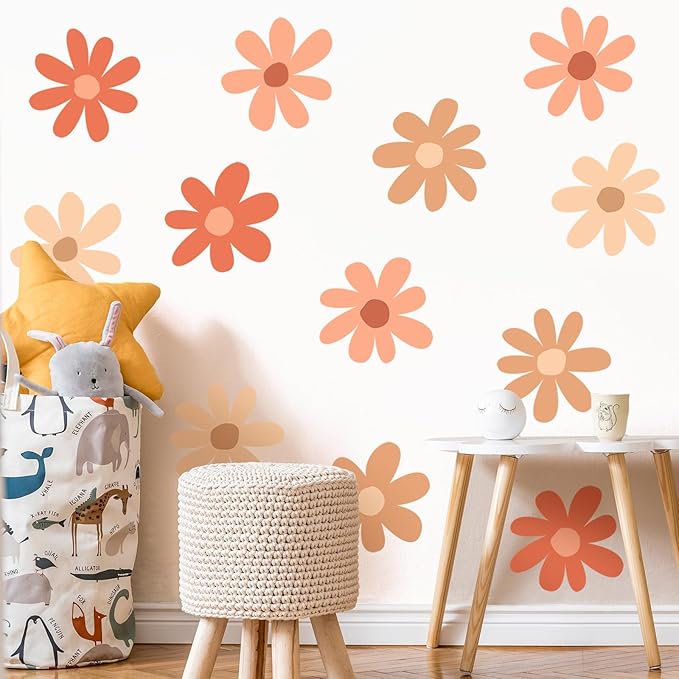 TaoBary 12 Sheet Daisy Wall Sticker Decal Removable Cute Daisy Bedroom Room Decor Flower Wall Sticker Pink White Flower Decal Wallpaper Peel and Stick for Nursery Home(Orange,Colorful Classic Style)