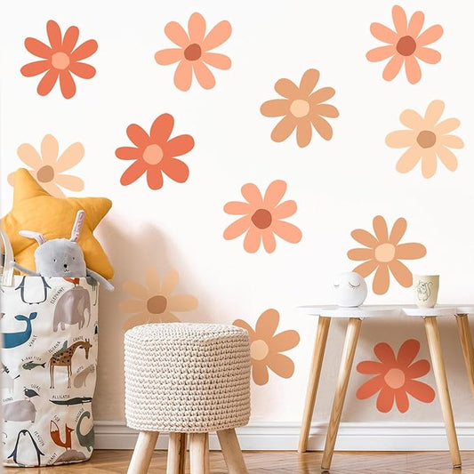 TaoBary 12 Sheet Daisy Wall Sticker Decal Removable Cute Daisy Bedroom Room Decor Flower Wall Sticker Pink White Flower Decal Wallpaper Peel and Stick for Nursery Home(Orange,Colorful Classic Style)