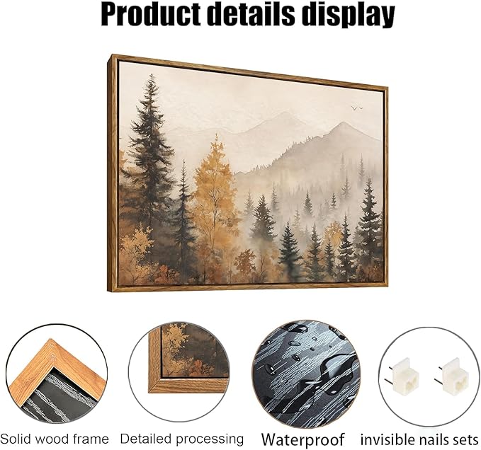 OIQArtOIQ Vintage Framed Wall Art Autumn Mountain Landscape Canvas Art Prints Fall Forest Rustic Farmhouse Pictures Wall Decor Modern Cottagecore Paintings Artwork For Bedroom Bathroom Living Room