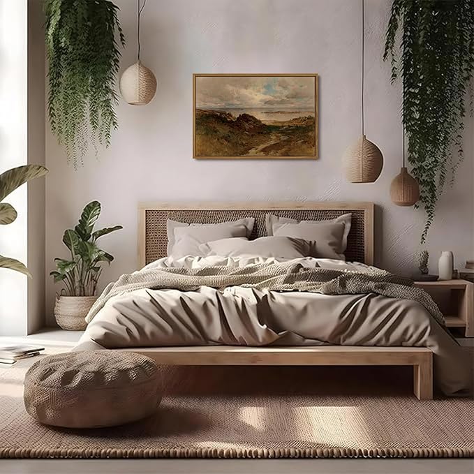 OIQArtOIQ Framed Vintage Landscape Wall Art Coast Natural Scenery Oil Painting Canvas Prints Country Farmhouse Aesthetic Decor Pictures for Kitchen Bedroom Living Room Bathroom