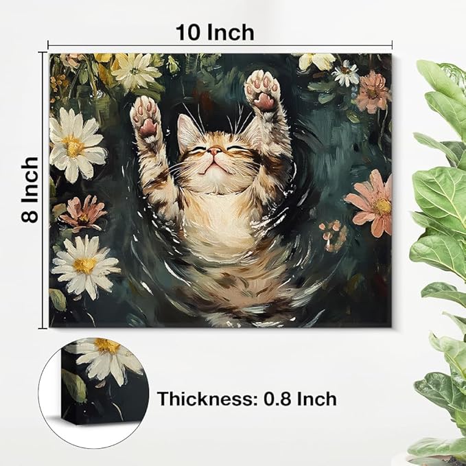 Aesthetic Sleeping Cat Wall Art Decor Cat on Lily Pond Cute Canvas Print Poster Framed Painting for Home Living Room Bedroom Wall Decor 8x10 Inch