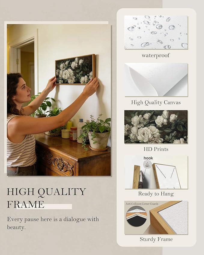 SHENIFY Vintage Framed Wall Art Rose Flower Landscape Painting Retro White Floral Scenery Farmhouse Kitchen Living Room Decor - 8x16in Natural Framed