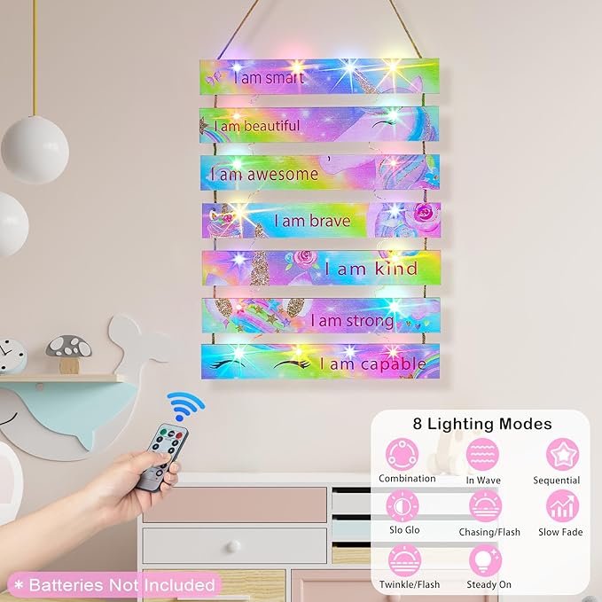 FIOBEE Girls Room Décor for Teen Girls Boys with LED Light Wall Decor for Bedroom Motivational Inspirational Wall Art Girl Room Decoration for Kids Studyroom, 8 Kinds of Lights, Rainbow Unicorn