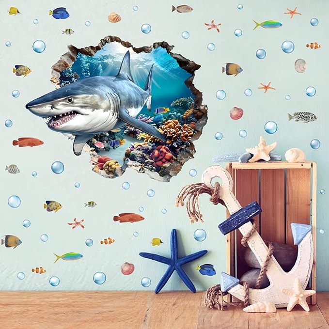 3D Large Shark Wall Decals(28.1”x22.8”), Watercolor Sea World Vinyl Wall Stickers, Removable Cartoon Under The Sea Animal Artwork for Baby Bedroom Playroom Bathroom Decor