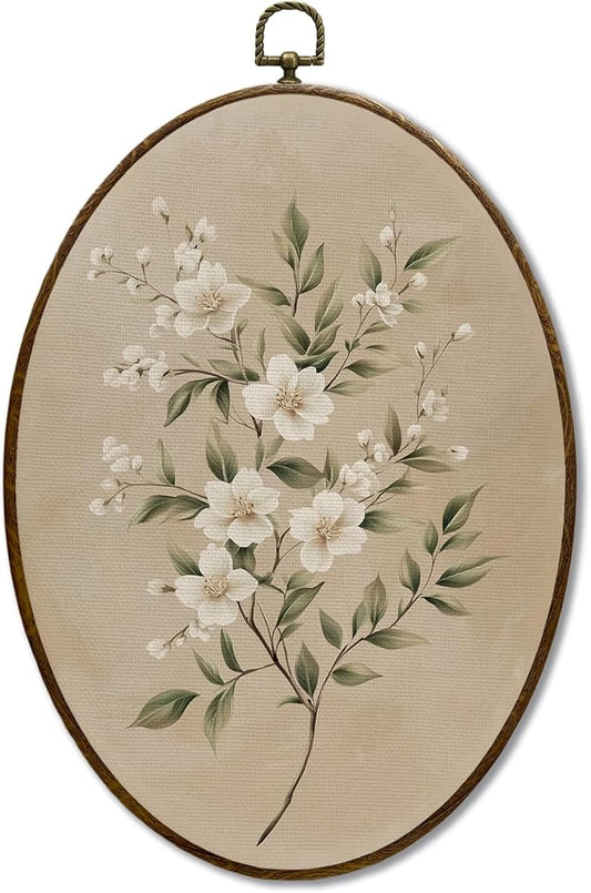 JQF Vintage Jasmine Floral Oval Wall Art, Rustic Cottagecore Botanical Floral Oval Canvas Wall Art, Retro Neutral Flower Framed Prints Hanging Decor for Home Bedroom Living Room, 8.5x11.5 Inch