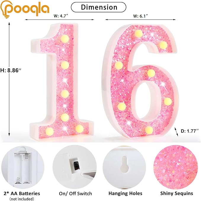 Pooqla 16th Birthday Decorations for Girls, Pink Light Up Numbers for Sweet 16th Birthday, Gift for Girls Party Table Decoration Backdrop Wall Decor for Wedding Anniversary Decor