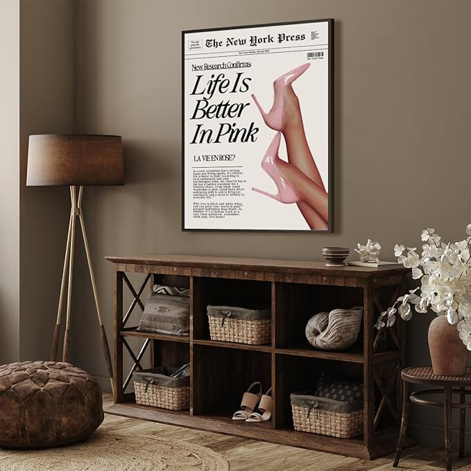 Trendy Baby Pink Poster 70s Canvas Prints The New York Press Wall Art Life Is Better in Pink Hot Girl Posters Preppy Aesthetic Decor Bedroom for Cool Girly Room Home Dorm 24x36inch black framed