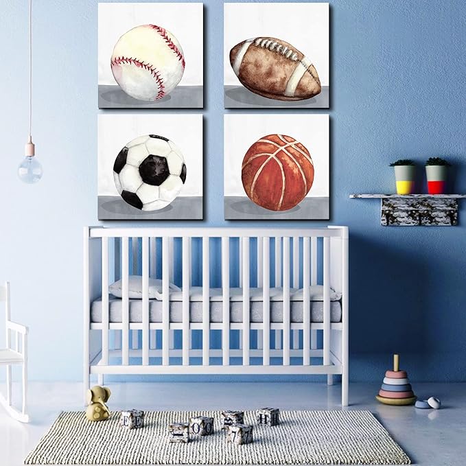 Sports Wall Art Kids Boys Sports Room Decor Soccer Football Baseball Basketball Pictures Canvas Prints Nursery Toddler Watercolor Sport Ball Posters Baby Home Decoration Christmas Gifts 12x12” 4 Piece
