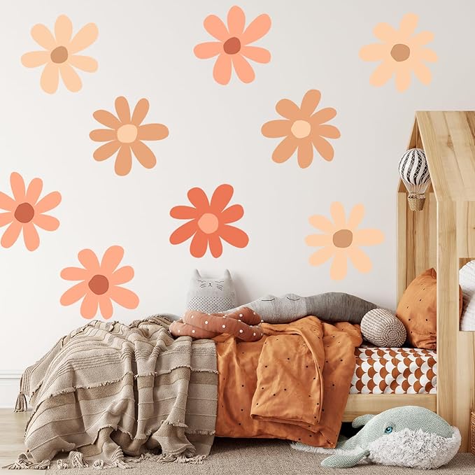 TaoBary 12 Sheet Daisy Wall Sticker Decal Removable Cute Daisy Bedroom Room Decor Flower Wall Sticker Pink White Flower Decal Wallpaper Peel and Stick for Nursery Home(Orange,Colorful Classic Style)