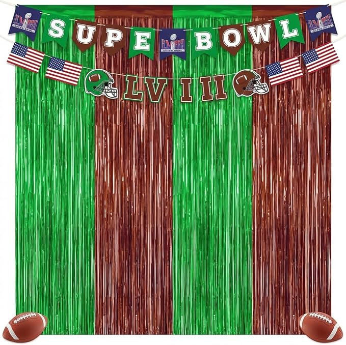 2 Pack Football Party Decorations, 3.28 FT x 6.58FT Tinsel Backdrop, Green Brown Foil Fringe Curtains Metallic Party Streamer, Football Party Supplies Game Day Decorations 2026 Birthday Party Supplies