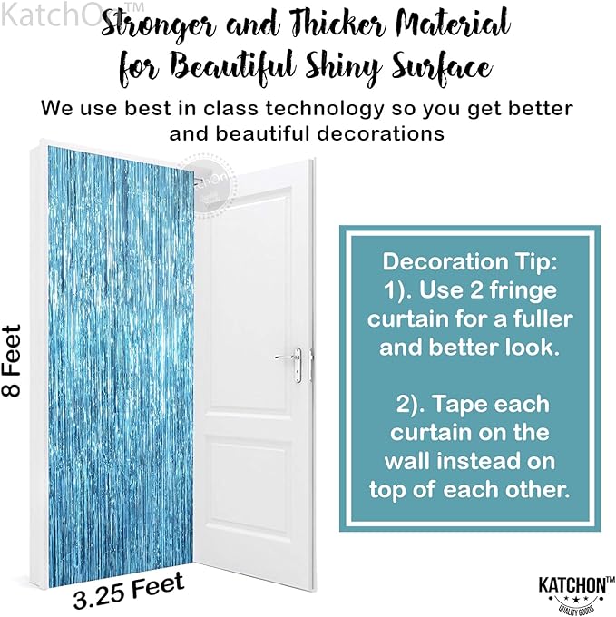 KatchOn, XtraLarge, Blue Foil Fringe Curtain - 8x3.2 Feet, Pack of 2 | Blue Backdrop Curtain for Under The Sea Party Decorations | Ocean Backdrop for Mermaid Birthday Decorations