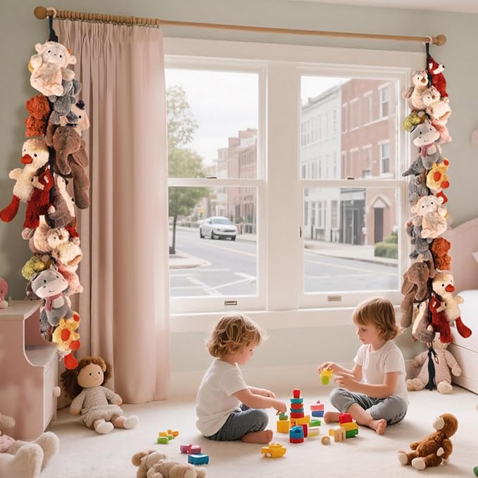 1/2 pcs 80" Cotton Hanging Storage Chain For Stuffed Animals Storage with 20 Metal Clips, Stuffed Animal Organizer Chain for Wall Corner Nursery Play Room, Black