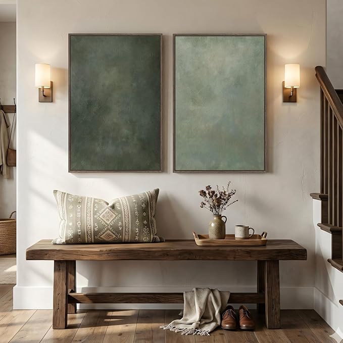 Large Framed Green Abstract Wall Art, 2 Piece Modern Canvas Art Prints Paintings, Minimalist Sage Green Abstract Pictures for Living Room, Hallway, Dining Room, Bedroom, Office Wall Decor 24x36 In