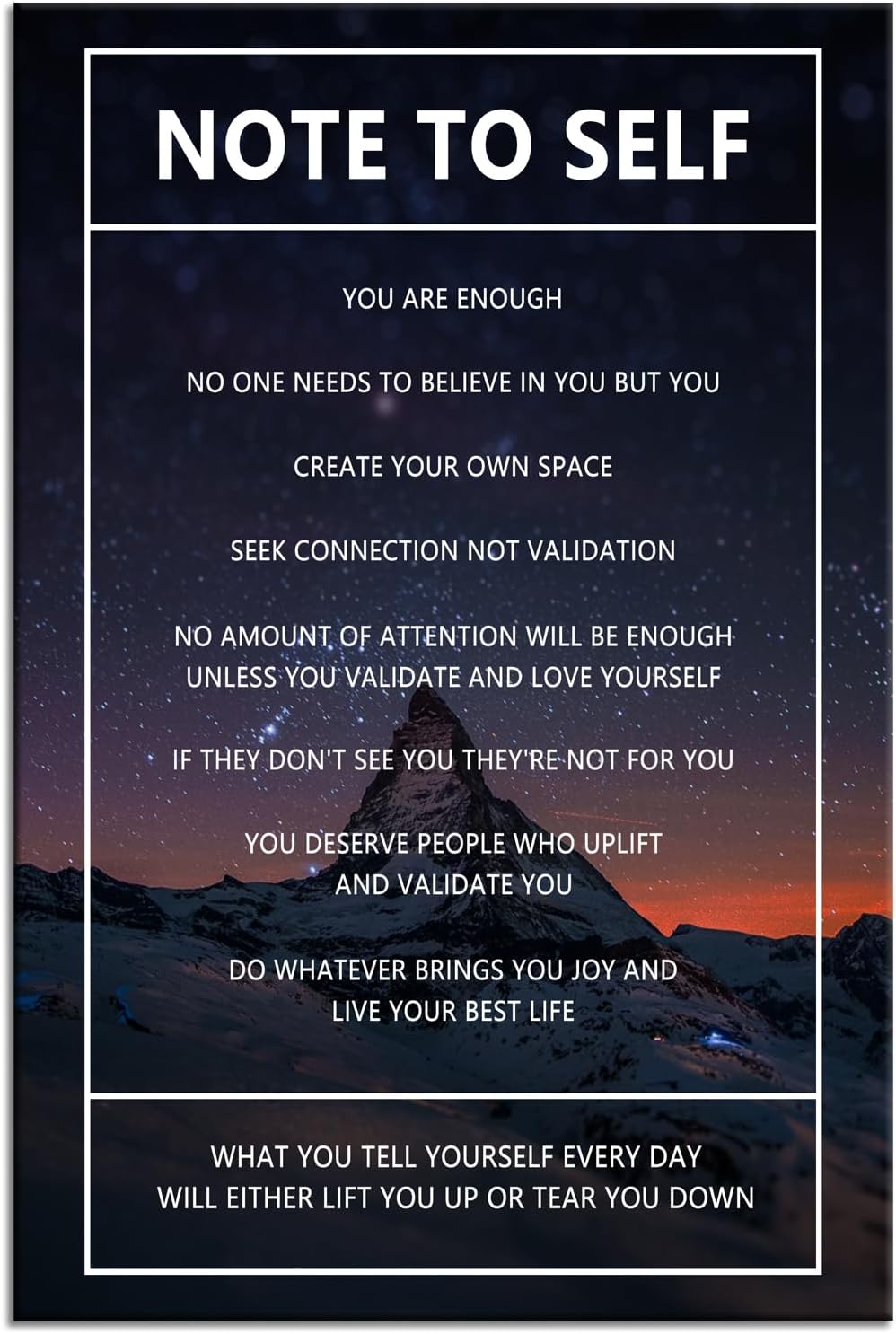 Motivational Canvas Wall Art Note to Self Inspirational Snow Mountain Starry Sky Poster Inspiring Canvas Painting Prints Wall Pictures for Home Decor Living Room Office Framed Artwork [24''W x 36''H]
