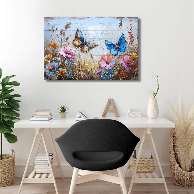 Wildflower Canvas Wall Art Butterfly Picture Wall Decor Rustic Floral Prints Poster Colorful Flowers Painting Abstract Nature Floral Landscape Artwork for Kitchen Living Room Home Decoration 24x36"
