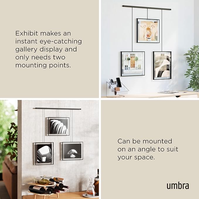 Umbra Exhibit Picture Frame Gallery Set, Adjustable Wall Collage Displays Three 8"x10" Photos, Set of 3, Black