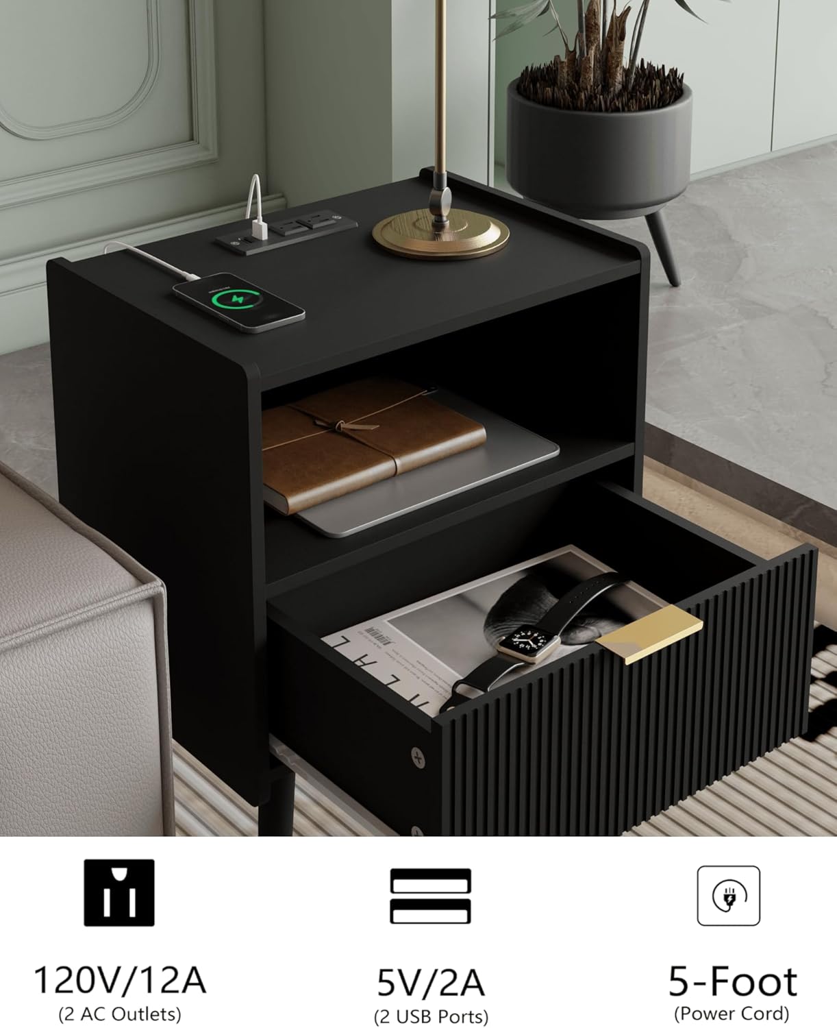 Nightstand,Modern Bedside Table with Storage Drawer and Open Wood Shelf, Accent Night Stand with Solid Wood Legs for Living Room, Bedroom and Small Spaces,Easy Assembly (Black-Outlet)