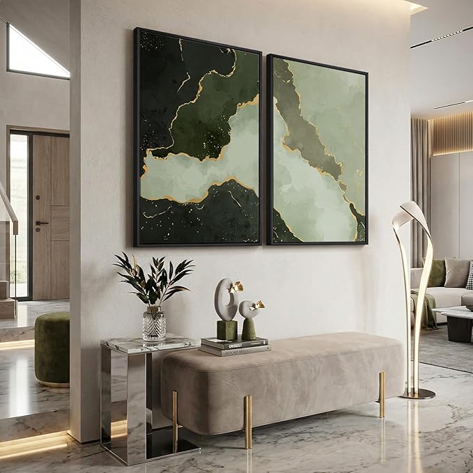 Large Framed Green Abstract Wall Art Set of 2, Modern Canvas Prints Paintings for Walls, Minimalist Sage Green and Gold Abstract Pictures for Living Room Dining Bedroom Hallway Wall Decor 24x36 In