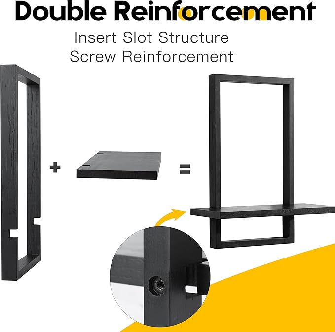 PHOENANCEE Square Floating Shelves,Wall Plants Holder,Bathroom Wall Decor,Framed Decorative Shelf Black,Modern Chic Set of 2 for Living Room Bedroom Home Office,Soild Wood,L+S
