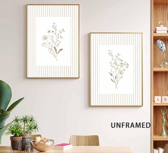 2Pcs Neutral Wildflower Wall Art Vintage Floral Botanical Canvas Wall Decor Watercolor Striped Boho Flower Bouquet Pictures Prints Posters for Bedroom Farmhouse Wall Decor 16X24 Inch Unframed
