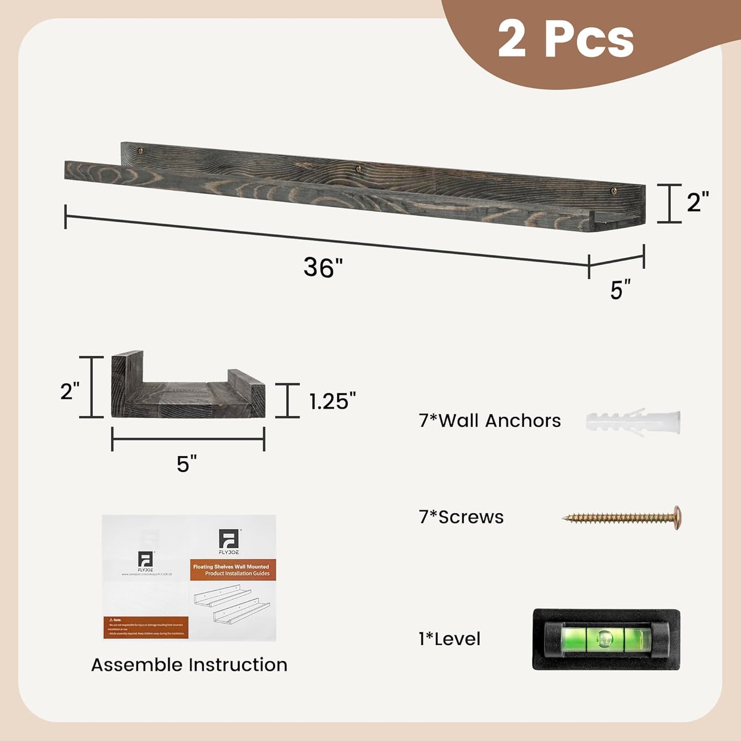 36 Inches Floating Shelves for Wall, Solid Pine Wood Picture Ledge Shelves, Wall Shelves with Lips, Nursery Book Shelves for Toys Storage Living Room Bedroom Photo Frames (2 Pcs, Grey)