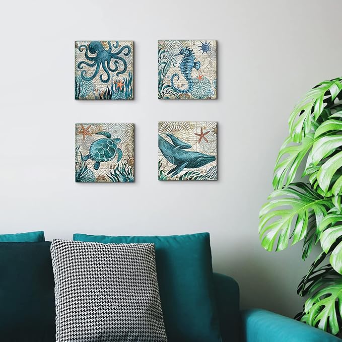 Coastal Beach Wall Art for Living Room Sea Turtle Pictures Bathroom Wall Decor Teal Blue Nautical Themed Seahorse Canvas Painting Ocean Animal Whale Posters Bedroom Kitche Home Decoration 8x8" 4
