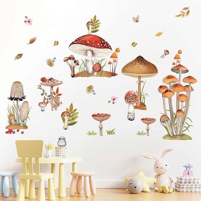decalmile Woodland Mushroom Wall Decals Spring Forest Grass Easter Wall Stickers Girls Bedroom Living Room Kitchen Wall Door Decor