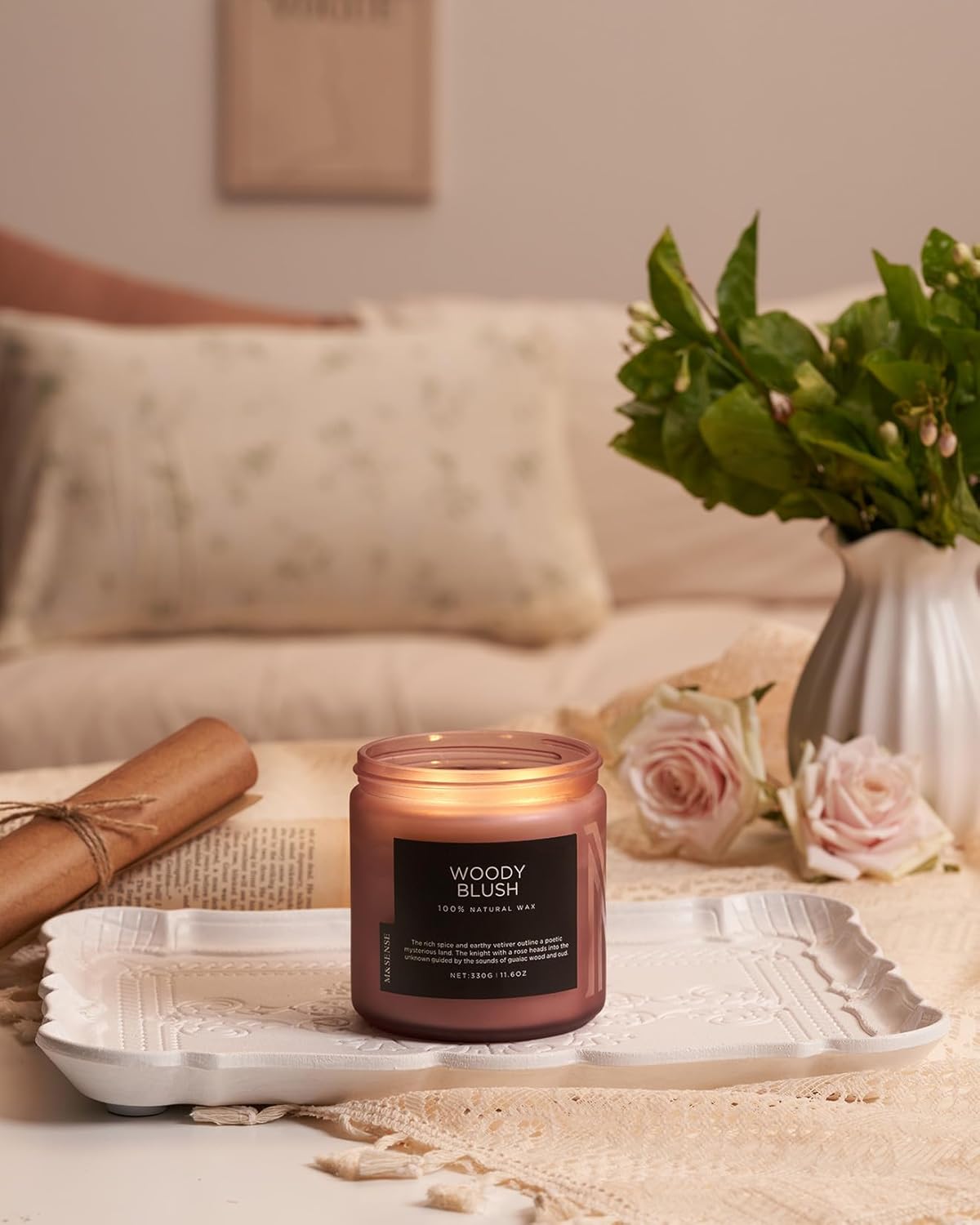 M&SENSE Rose Oudwood Scented Candle, 11.6oz 70 Hours Natural Soy Wax Long Lasting Slow Burning Candles, 2 Wick Relaxing Aromatherapy Gifts for Home Decor