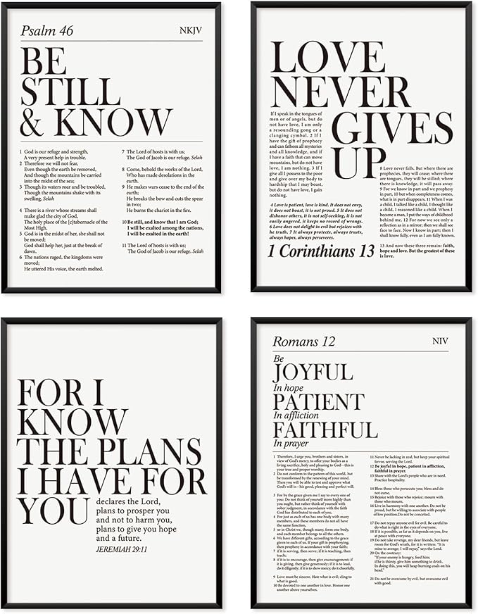 Locomiss Black and White Christian Wall Art Decor, Modern Bible Verse Prints, Minimalist Jesus Scripture Wall Decor, Inspirational Bible Posters for Bedroom Office Living Room, Set of 4 (12x16 Unframed)