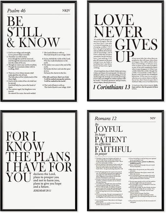 Locomiss Black and White Christian Wall Art Decor, Modern Bible Verse Prints, Minimalist Jesus Scripture Wall Decor, Inspirational Bible Posters for Bedroom Office Living Room, Set of 4 (12x16 Unframed)