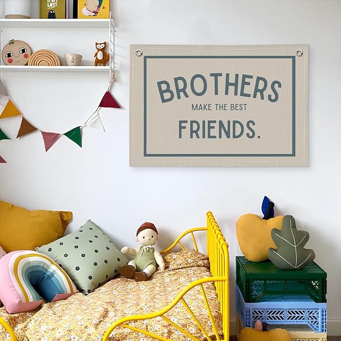 Brothers Make The Best Friends Banner, Boys Room Decor, Toddler Boy Room Decor, Linen Banner Wall Hanging Banner Flag Decor for Nursery Playroom 20x30